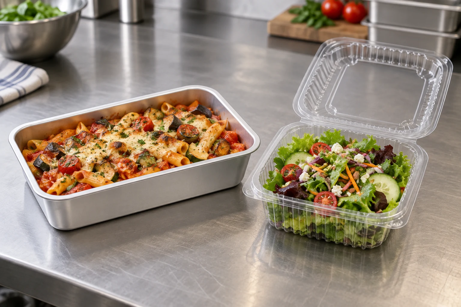 Aluminium tray and clear PET hinged container holding prepared food in a commercial prep setting