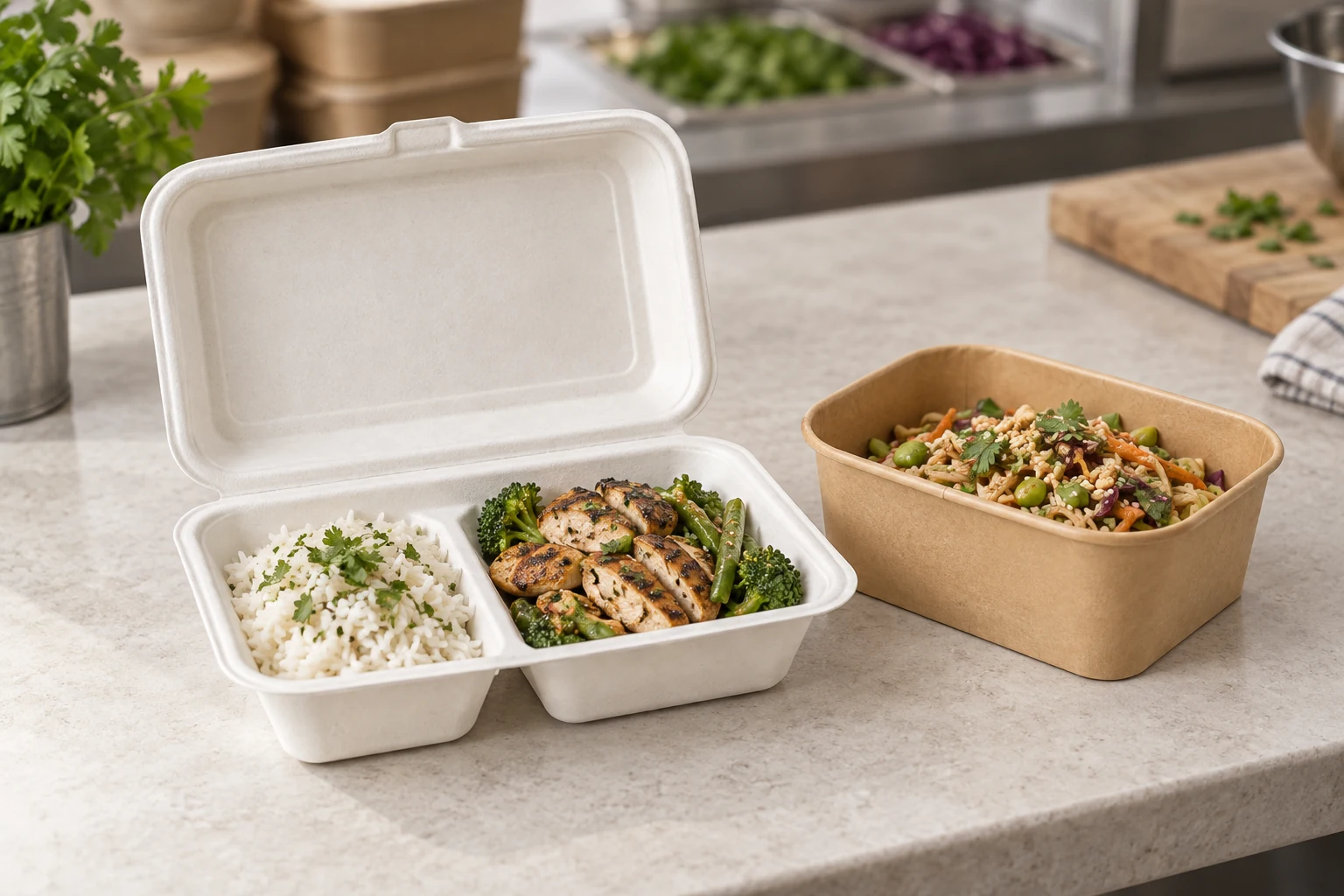 Illustration of fibre and kraft packaging prepared for takeaway food service
