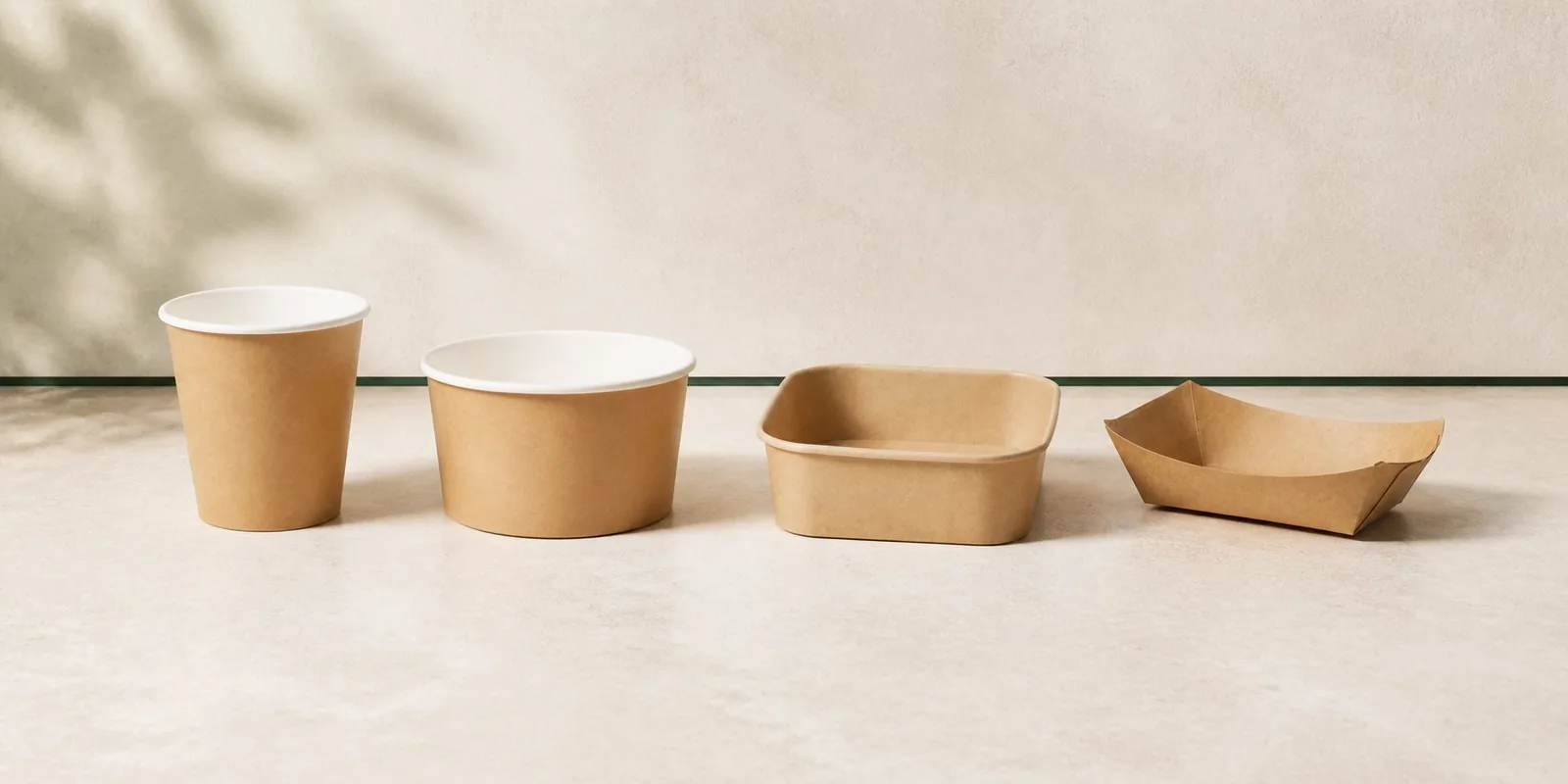 Paper cups, bowls, containers and trays arranged for wholesale order planning