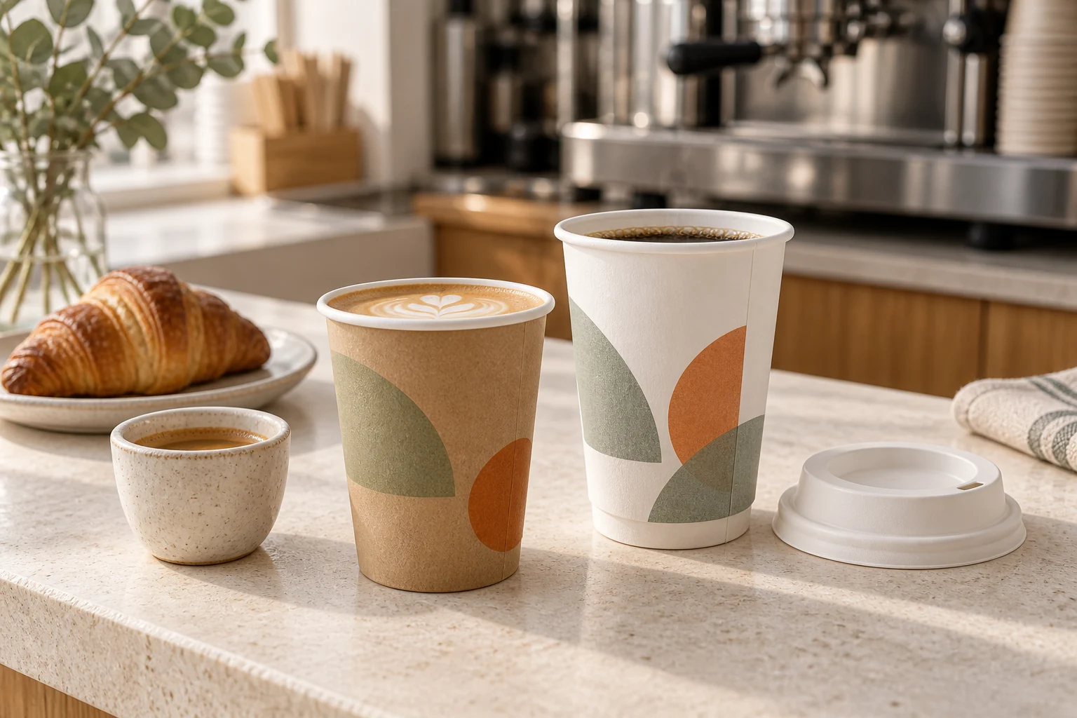 Printed kraft and white paper coffee cups presented in a natural cafe service setting