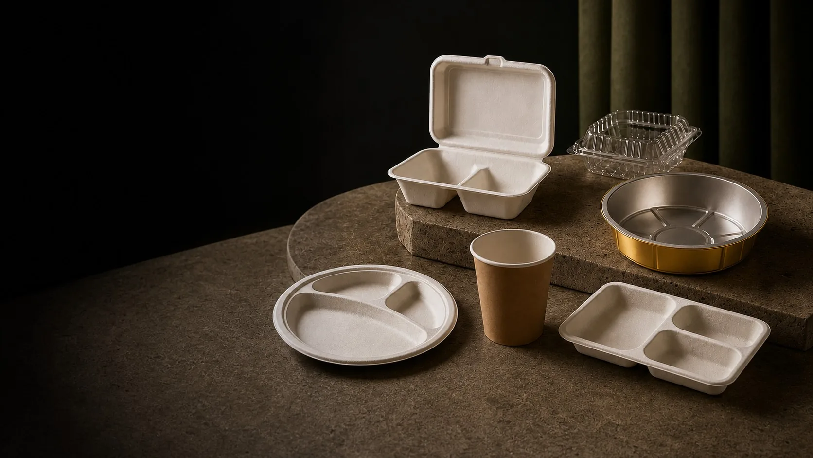 Food packaging arranged on sculptural material platforms