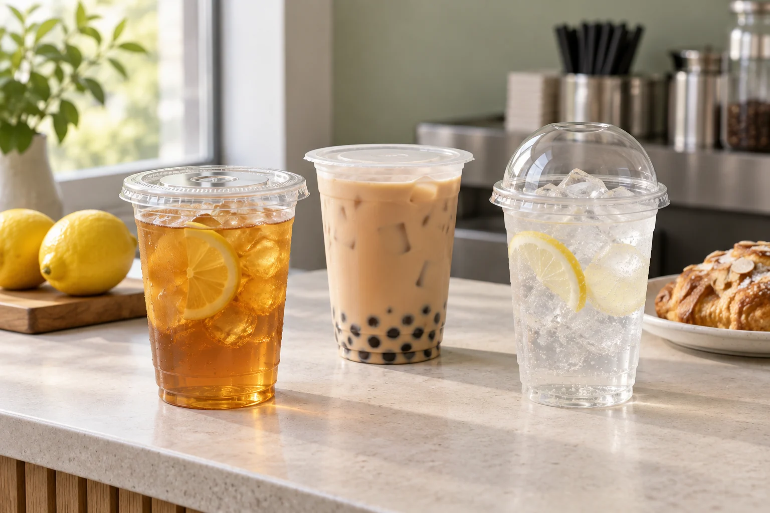 Clear PET and translucent PP cups with iced tea, milk tea and sparkling lemon water in beverage service