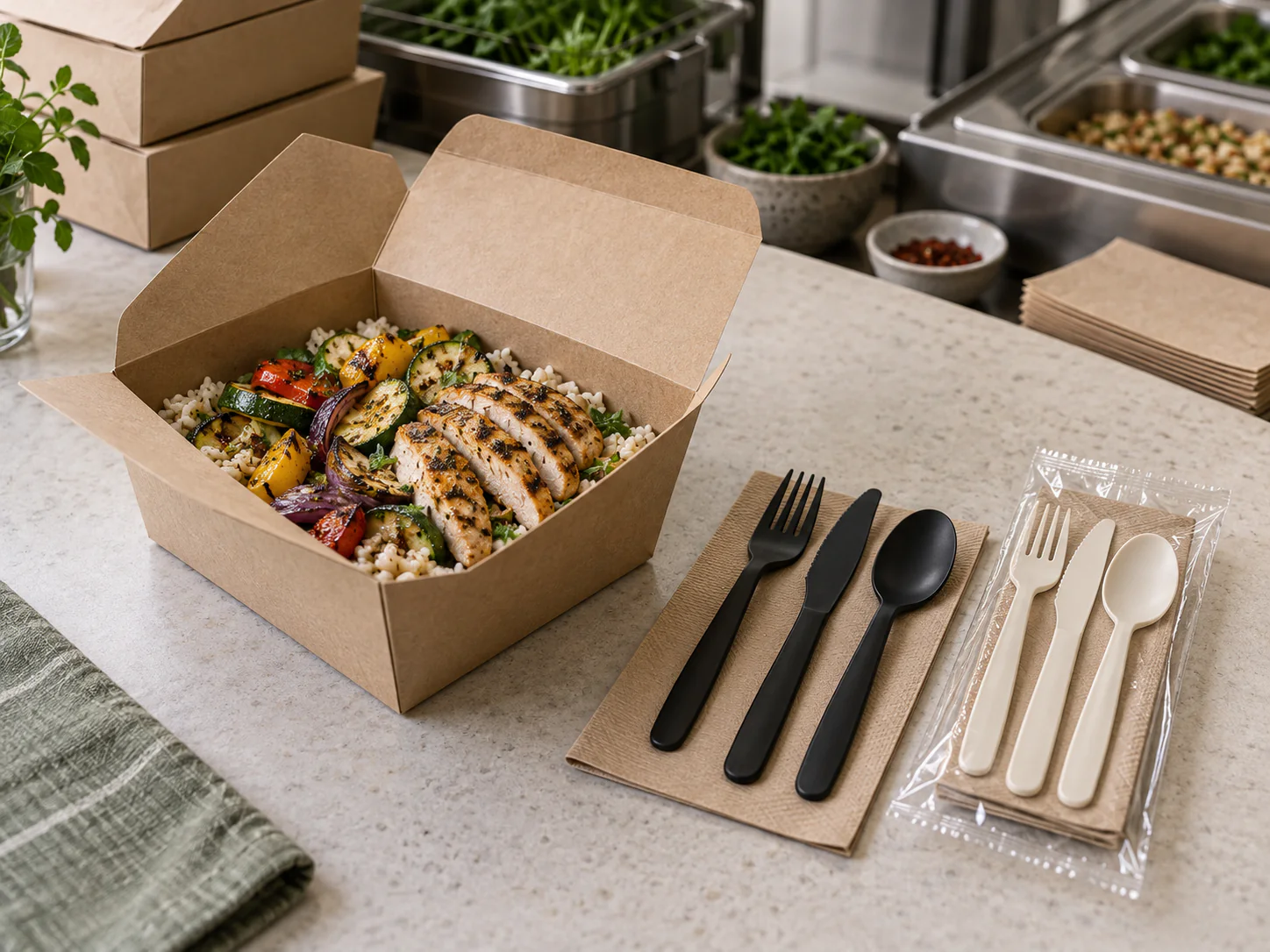 Configured disposable meal kits prepared for case-pack and lead-time planning