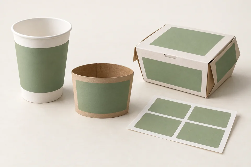 Packaging design illustration of cups, sleeves and kraft bags with printed surfaces