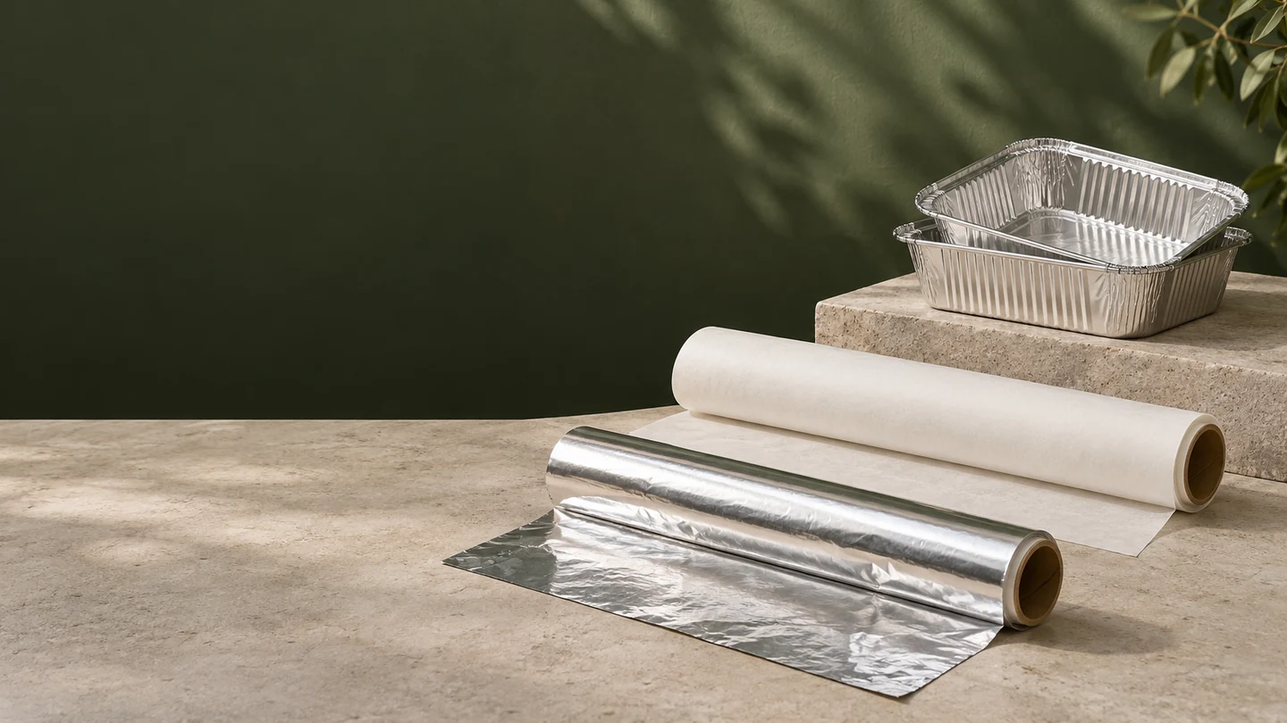 AI-generated range illustration of an aluminium foil roll with an unrolled sheet, a white baking paper roll and rectangular aluminium food containers